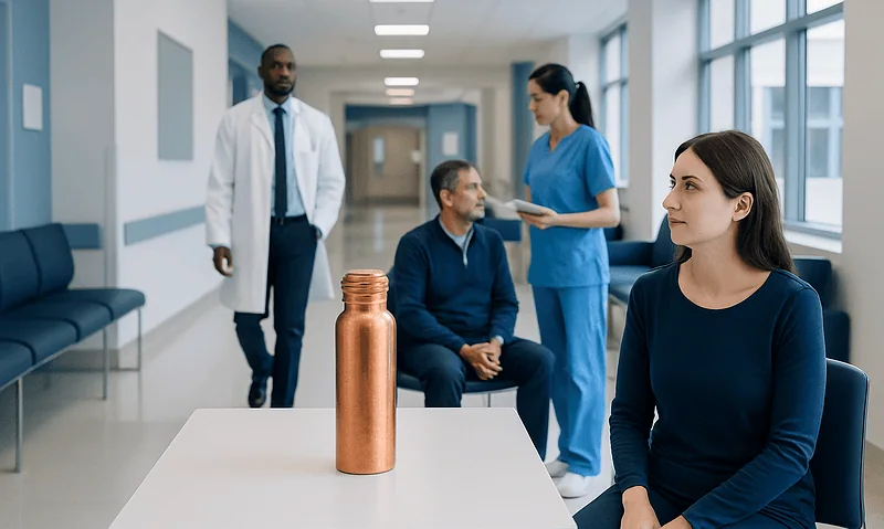 Patient in hospital waiting area with medical staff and copper water bottle on table.