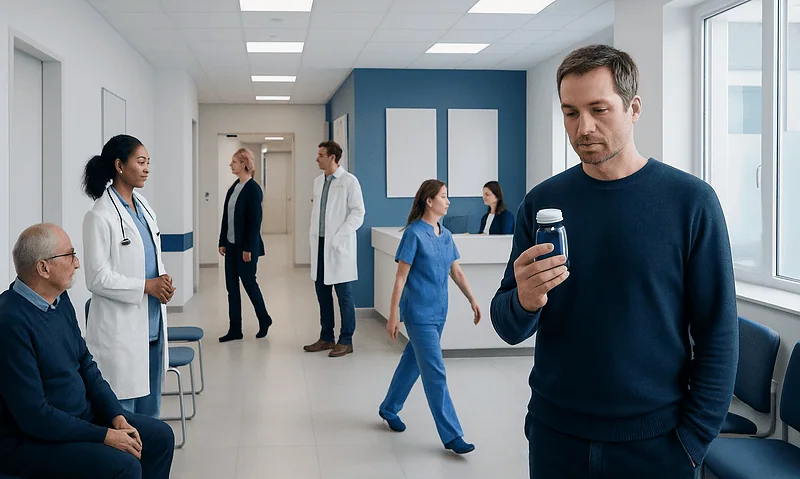 Man using smartphone in hospital corridor with medical staff and patients.