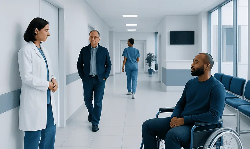 Hospital corridor with medical staff and a patient in wheelchair.