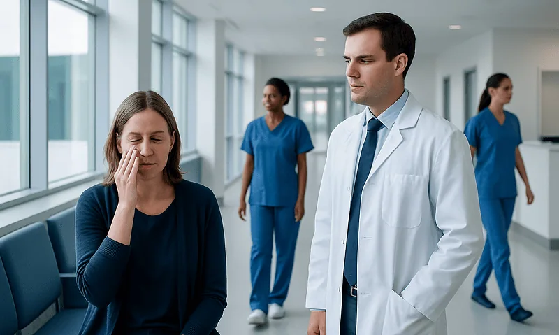 Patient experiencing eye discomfort in a hospital corridor with medical staff nearby.