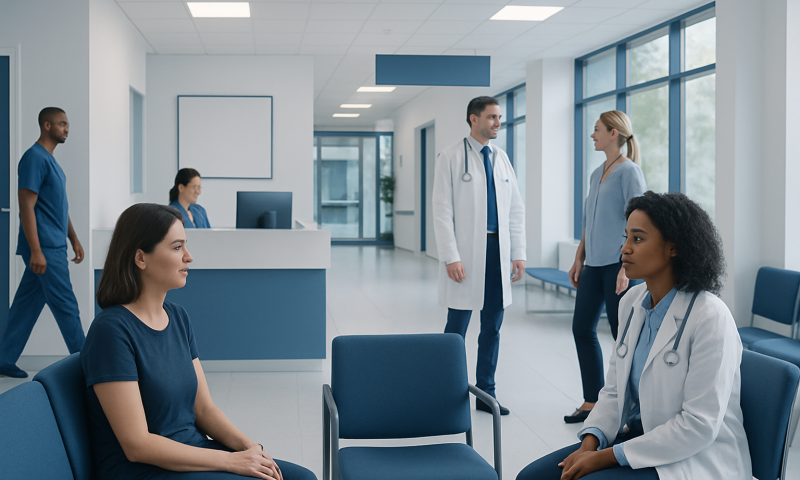 Medical professionals and patients in a modern hospital waiting area.