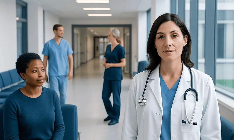 Doctor with stethoscope talking to patient in hospital corridor.