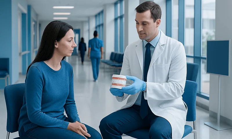 Dentist explaining dental veneers to a patient in a hospital corridor.
