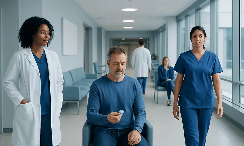 Patient holding a cotton ball in a hospital corridor with medical staff nearby.