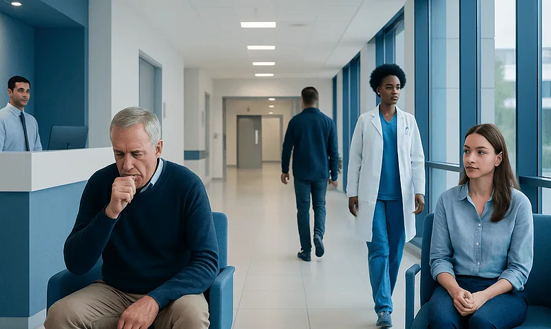 Patient experiencing cough symptoms in a hospital waiting area.