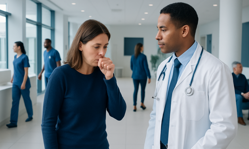 Patient consulting with doctor in hospital corridor.