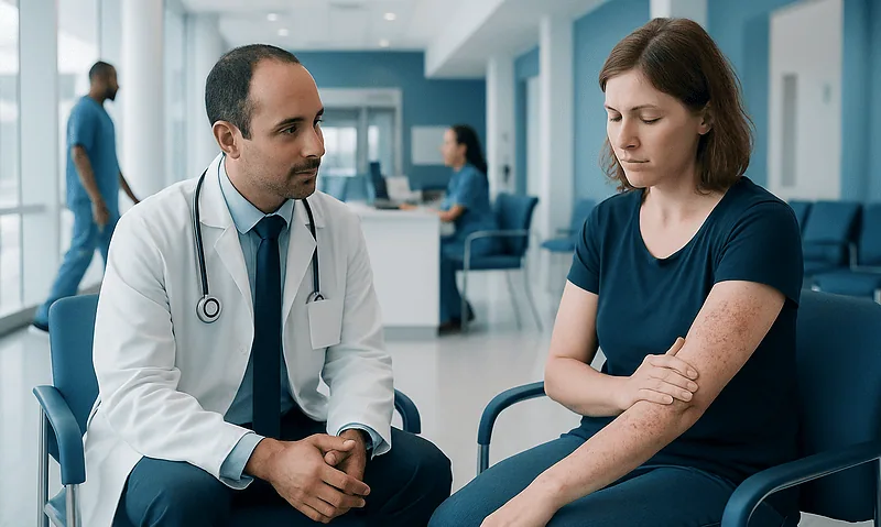 Doctor consulting with a patient about skin rash in hospital setting.