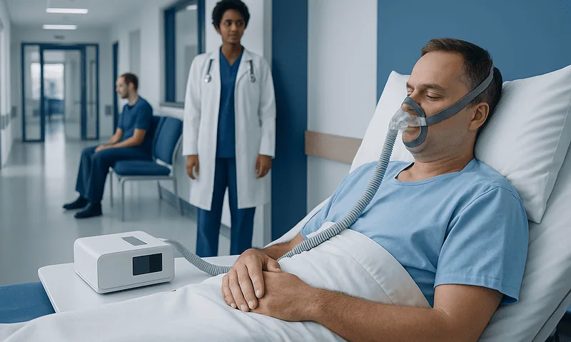 Patient using CPAP machine in hospital room with medical staff nearby.