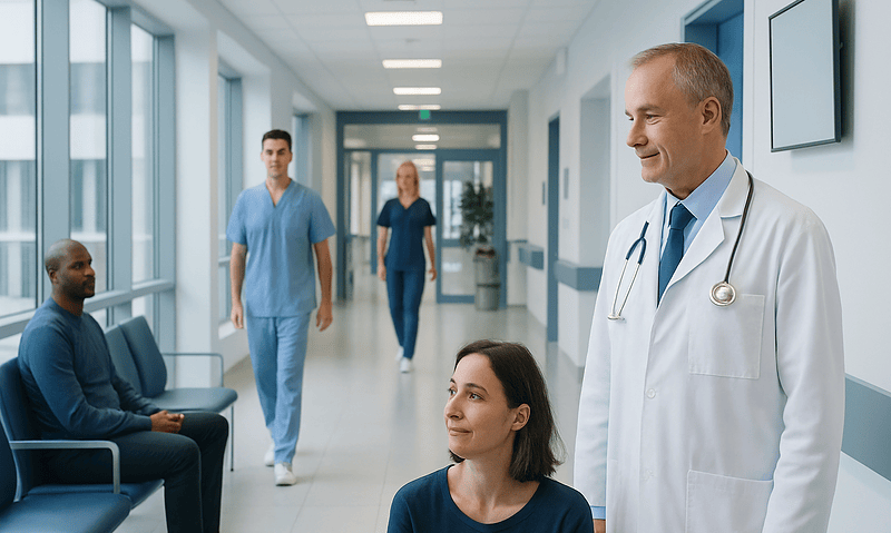 Craniectomy: How It Works, Recovery, and What to Expect 17 Medical team consulting patient in hospital corridor.
