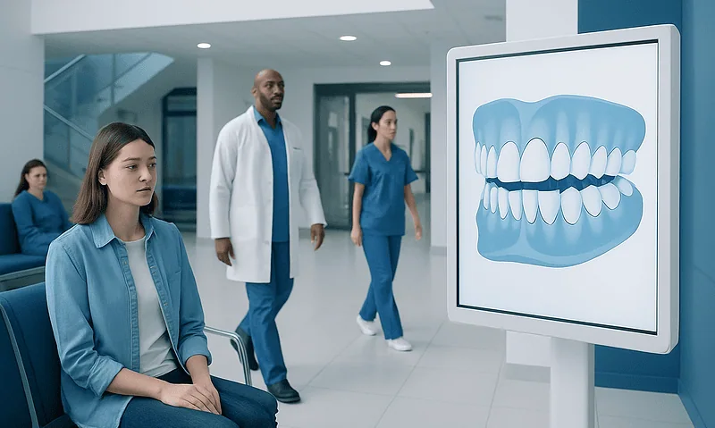 Patient and medical staff examining dental X-ray display at hospital.