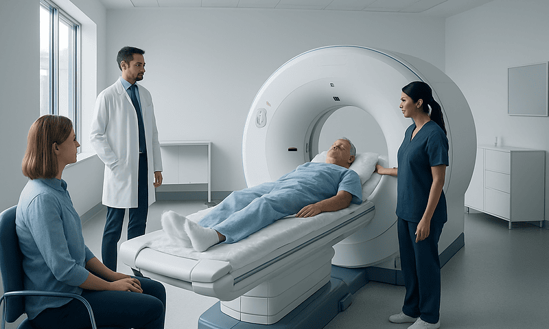 Patient undergoing a CT scan in a modern hospital setting with medical staff present.