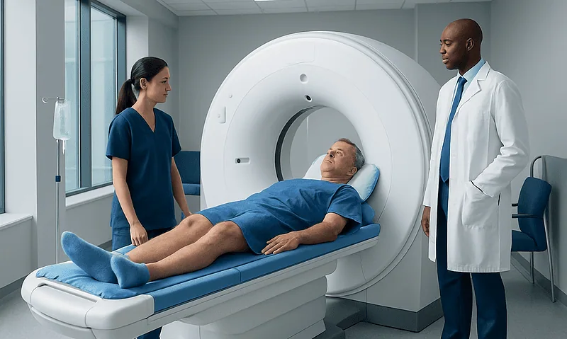 Patient undergoing a CT scan with medical staff in a hospital setting.