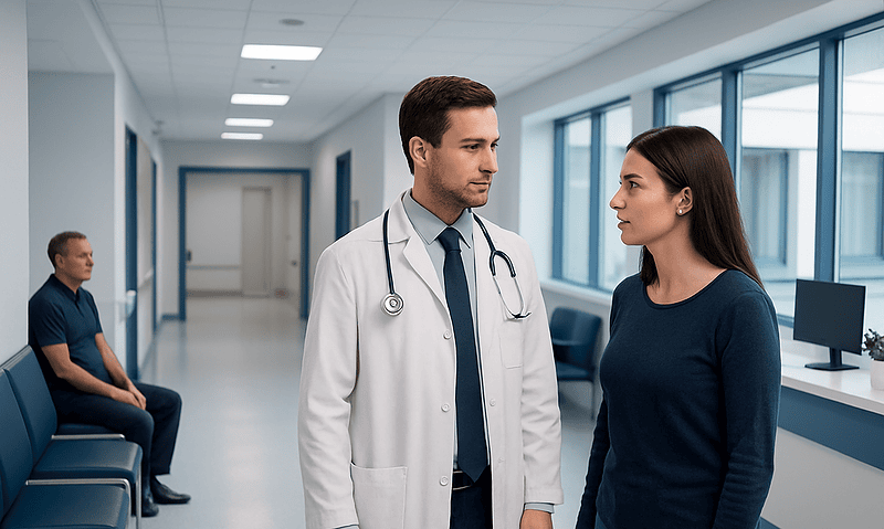 Doctor consulting with a female patient in a hospital corridor.