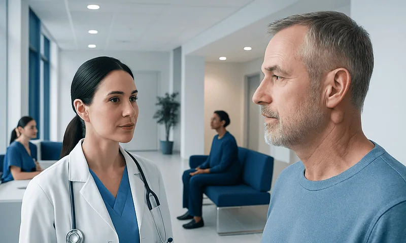 Doctor consulting a patient in a modern hospital corridor.