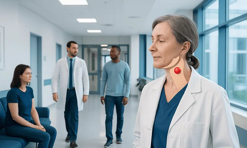Doctor examining patient with neck swelling in hospital corridor.