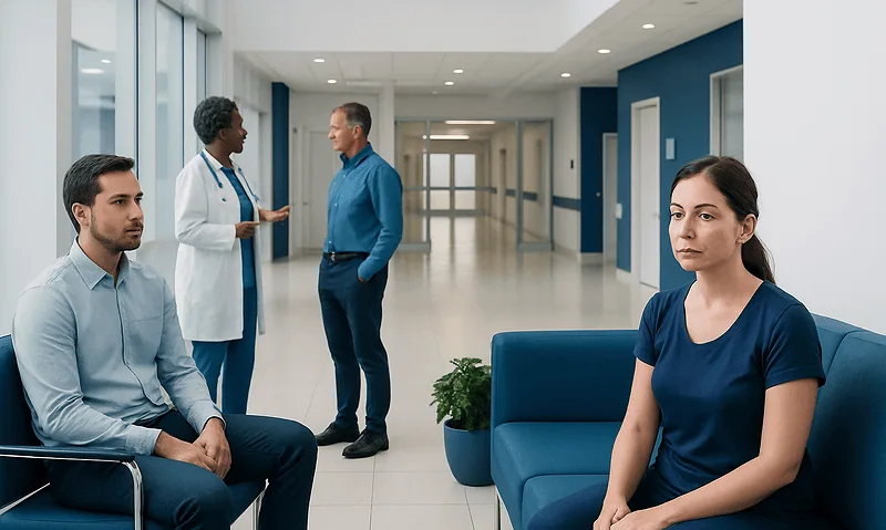 Patients waiting in a hospital corridor with medical staff in the background.