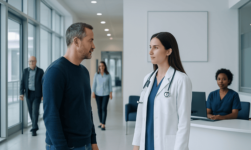 Doctor talking to patient in hospital corridor at Acibadem Hospitals Group.