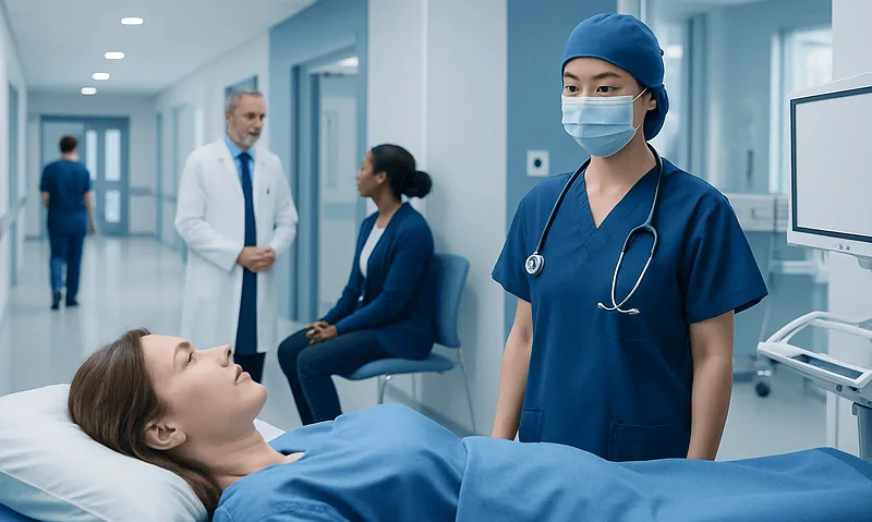 Hospital nurse in protective mask attending to patient in hospital room.