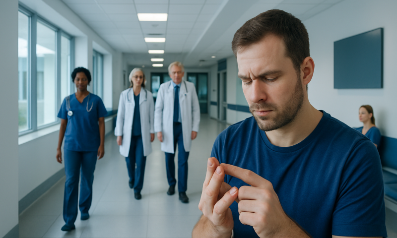 Concerned man examining his finger in hospital corridor with medical staff in background.