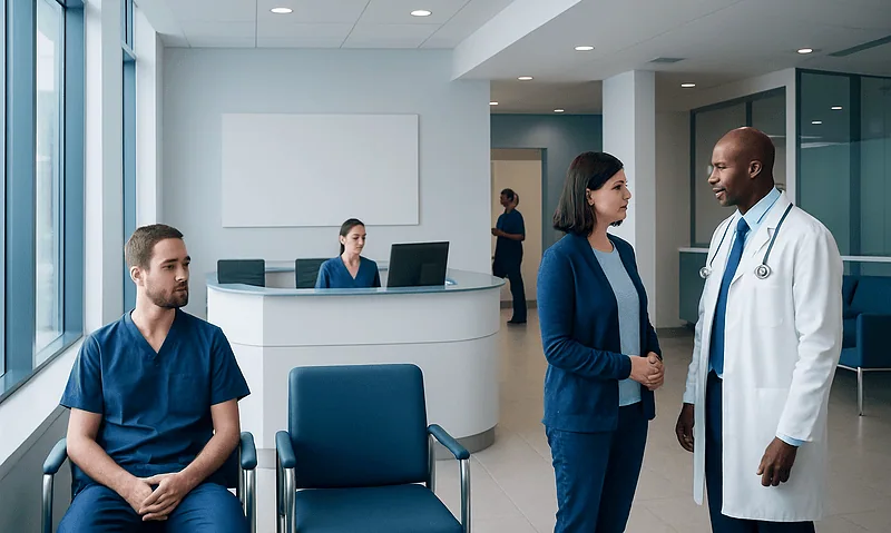 Medical consultation in a modern hospital waiting area with doctors and patients.