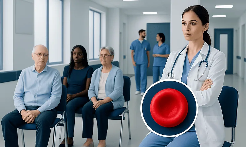 Doctor explaining blood cell health to patients in a hospital setting.