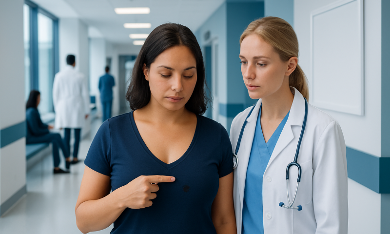 Doctor examining a woman with a breast concern in hospital corridor.