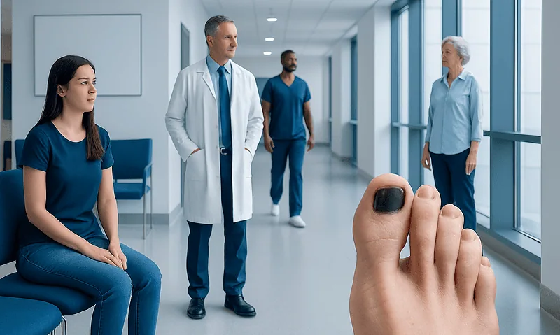Medical consultation about toenail health in a hospital corridor.