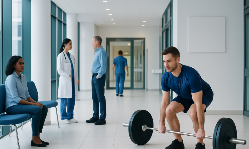Man performing deadlift exercise in a medical facility corridor.
