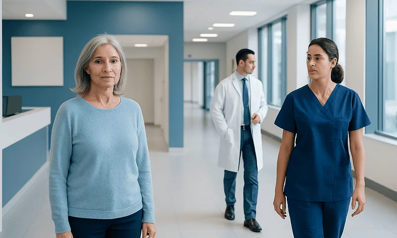 Senior woman and healthcare professionals in hospital corridor.