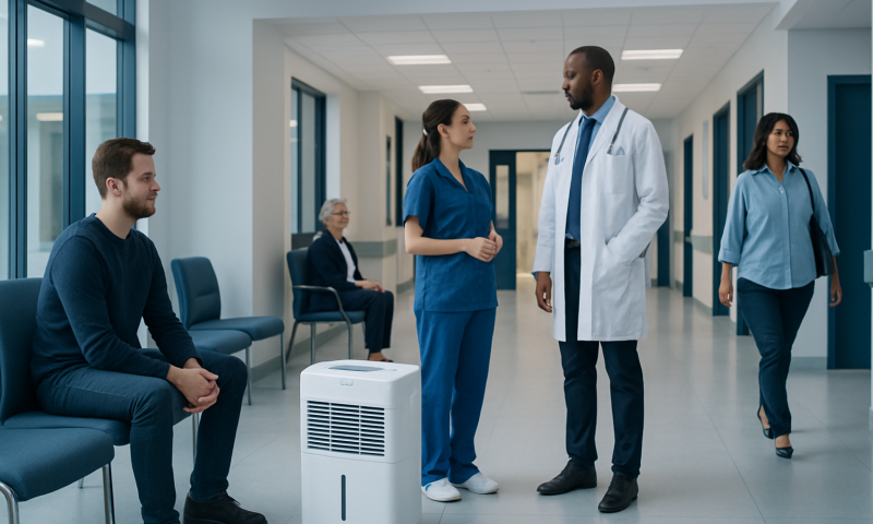 Medical staff and patient in hospital corridor with dehumidifier.