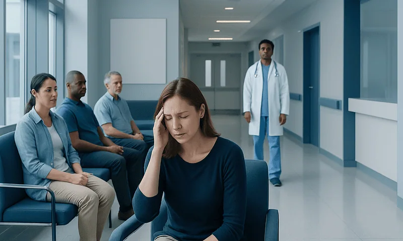 Patient experiencing headache in hospital waiting area.