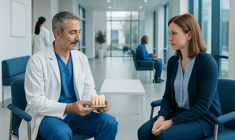 Dentist explaining dental bridge options to a patient in a modern clinic.
