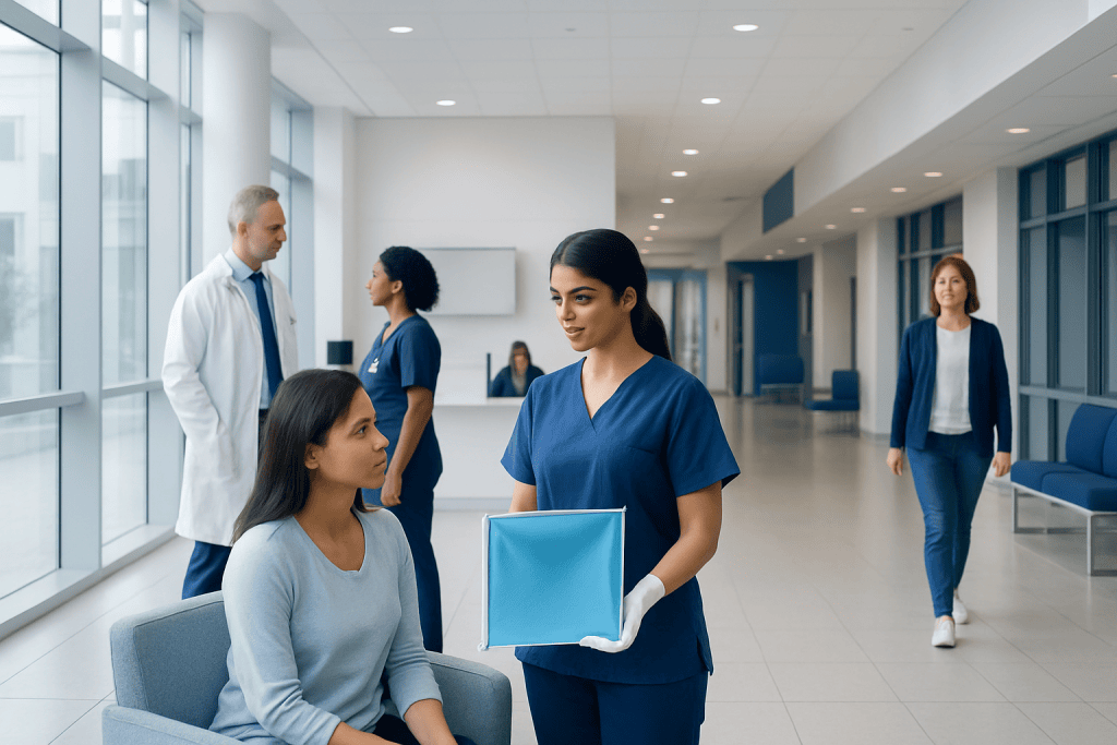 Dental Dam: A Complete Medical Overview 1 Healthcare professionals and patient in a modern hospital corridor.