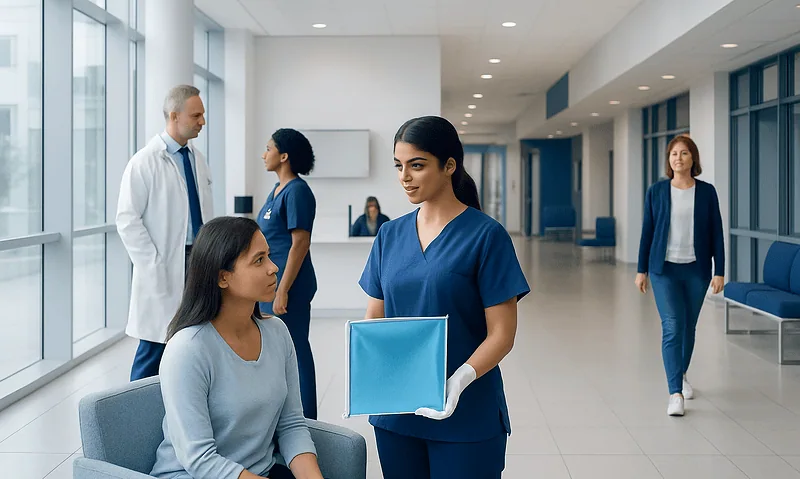 Healthcare professionals and patient in a modern hospital corridor.