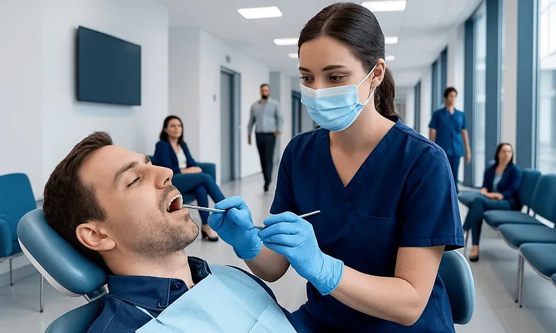 Dental hygienist performing oral exam on patient in clinic setting.