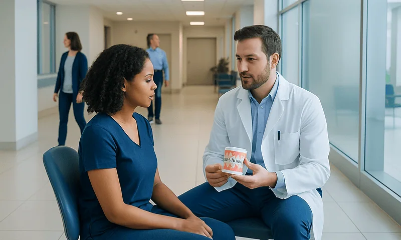 Dentist explaining dental care to a patient in a modern clinic.