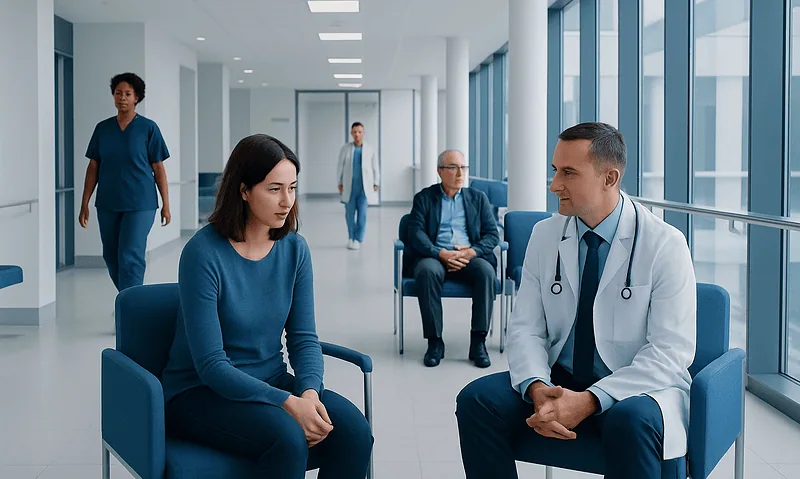 Doctor consulting with a patient in a hospital corridor.