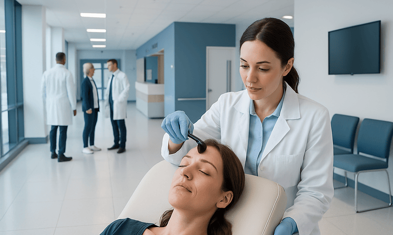 Derma Roller: What Patients Need to Know 4 Dermatologist performing skin treatment on a patient in a modern clinic.
