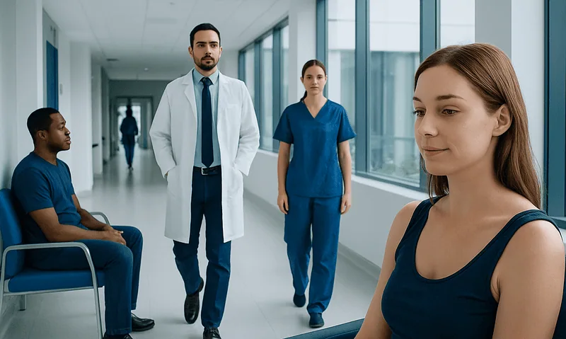 Medical consultation in a modern hospital corridor with healthcare professionals and patient.
