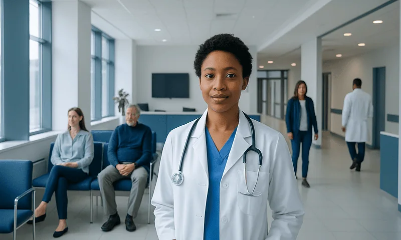 Diverse medical team in hospital corridor with patient chairs and large windows.