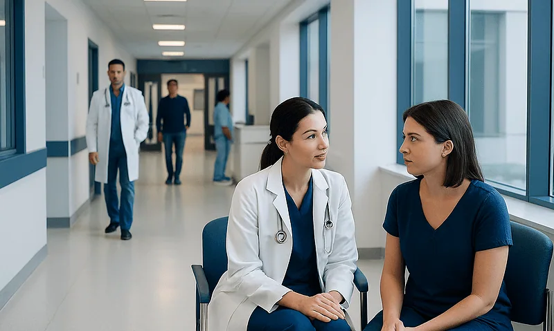 Doctor consulting with patient in hospital corridor for ovarian cyst discussion.
