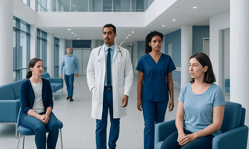 Medical professionals and patients in a modern hospital corridor.