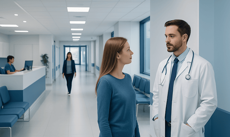 Doctor consulting a patient in a modern hospital corridor.