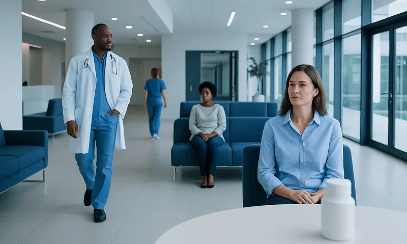 Medical consultation in a modern hospital waiting area with healthcare professionals and patients.