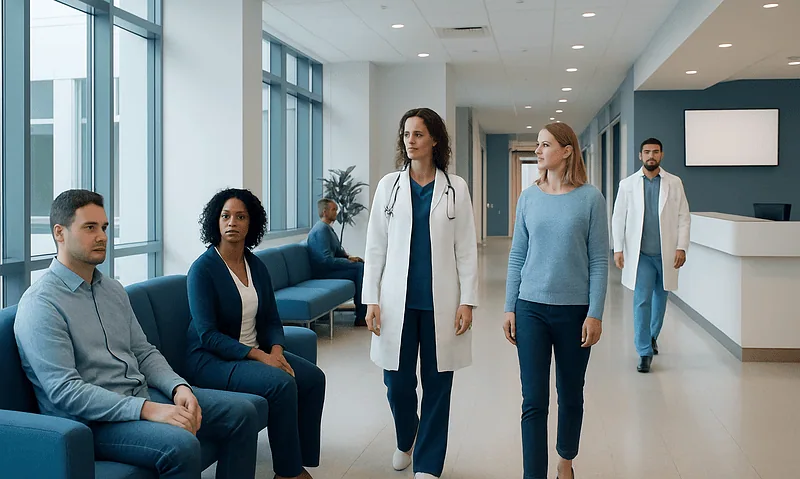 Medical professionals and patients in a hospital corridor at Acibadem Hospitals Group.