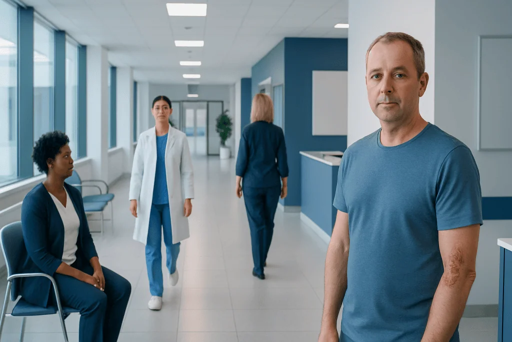 Diabetes Skin Rash: Possible Causes and When to Seek Care 1 Patient with skin rash in hospital corridor at Acibadem Hospitals Group.
