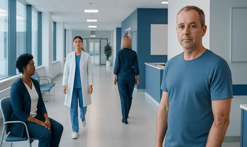 Patient with skin rash in hospital corridor at Acibadem Hospitals Group.