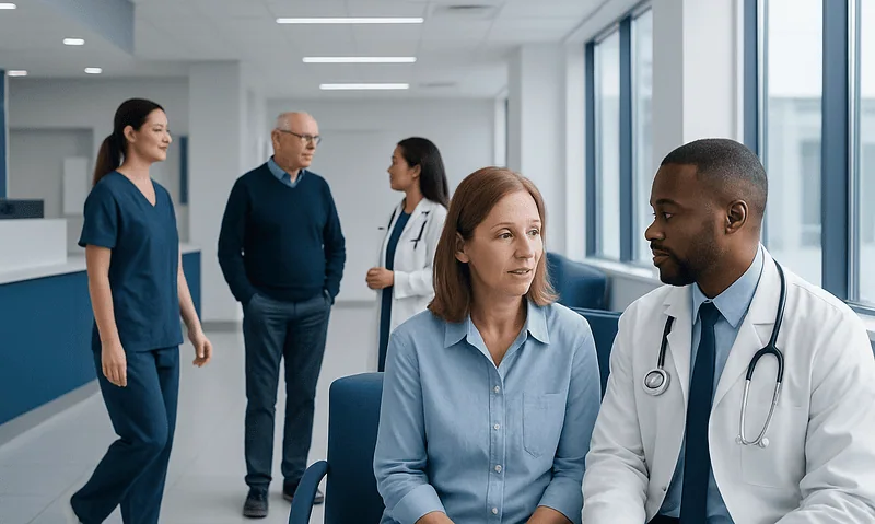 Medical team discussing patient care in a hospital corridor.