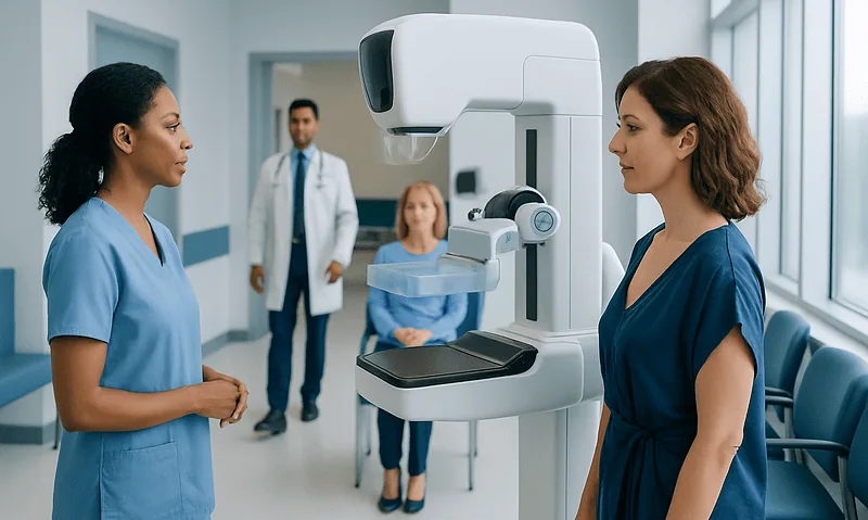 Women preparing for a mammogram at Acibadem Hospital with medical staff present.
