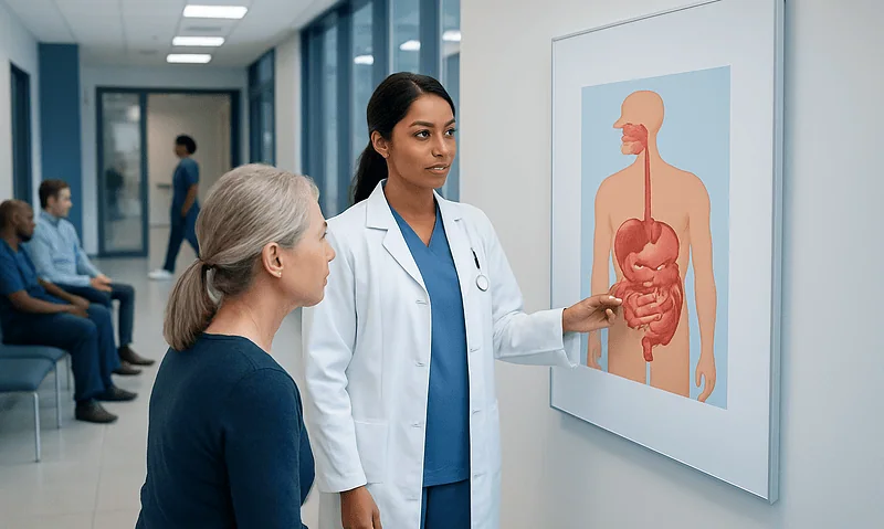 Medical professional explaining digestive organs on a diagram to a patient.